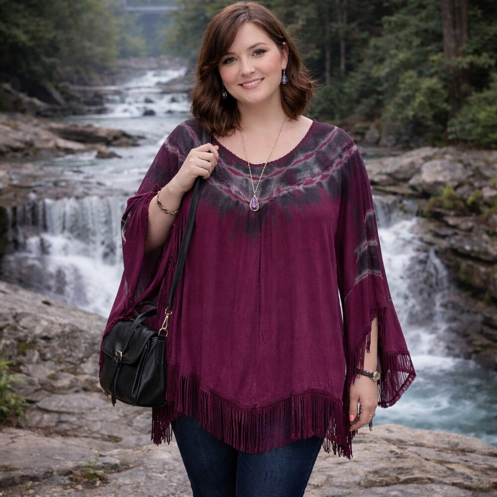 Indigo Thread Co.™ Woven Tie-Dye Embroidered & Fringe Trimmed Poncho - purple XL
